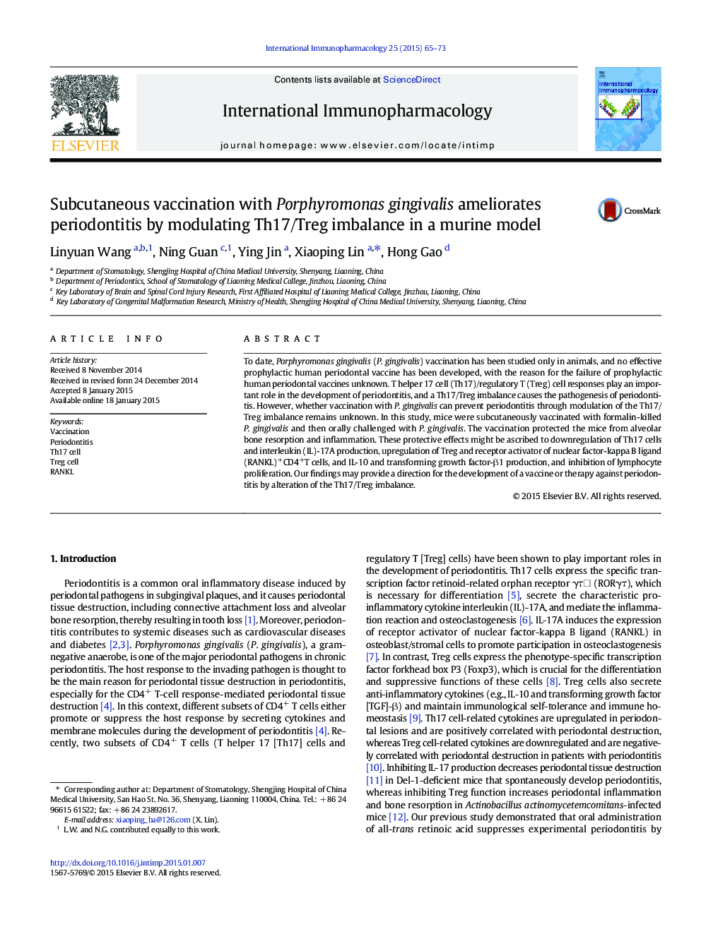 Subcutaneous vaccination with Porphyromonas gingivalis ameliorates periodontitis by modulating Th17/Treg imbalance in a murine model