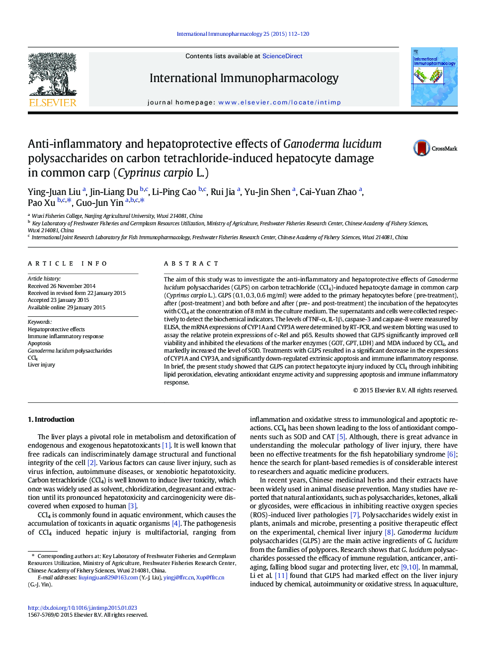 Anti-inflammatory and hepatoprotective effects of Ganoderma lucidum polysaccharides on carbon tetrachloride-induced hepatocyte damage in common carp (Cyprinus carpio L.)