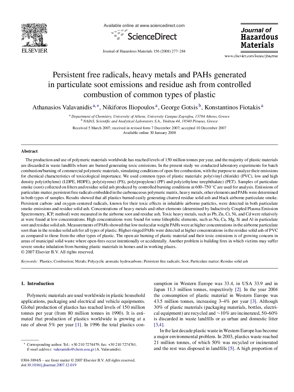 Persistent free radicals, heavy metals and PAHs generated in particulate soot emissions and residue ash from controlled combustion of common types of plastic