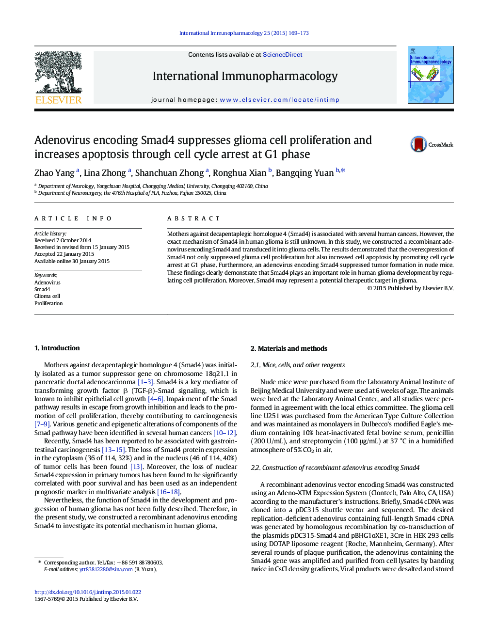 Adenovirus encoding Smad4 suppresses glioma cell proliferation and increases apoptosis through cell cycle arrest at G1 phase