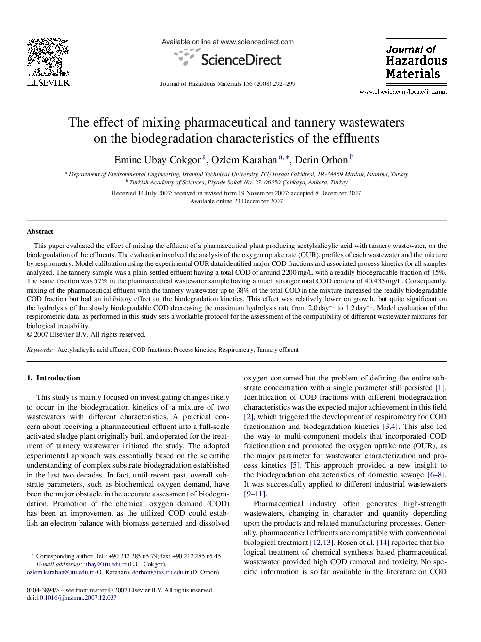 The effect of mixing pharmaceutical and tannery wastewaters on the biodegradation characteristics of the effluents