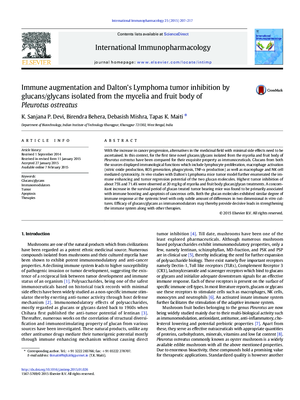 Immune augmentation and Dalton's Lymphoma tumor inhibition by glucans/glycans isolated from the mycelia and fruit body of Pleurotus ostreatus