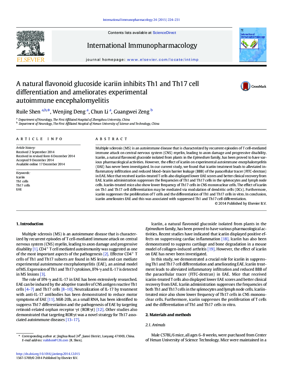 A natural flavonoid glucoside icariin inhibits Th1 and Th17 cell differentiation and ameliorates experimental autoimmune encephalomyelitis