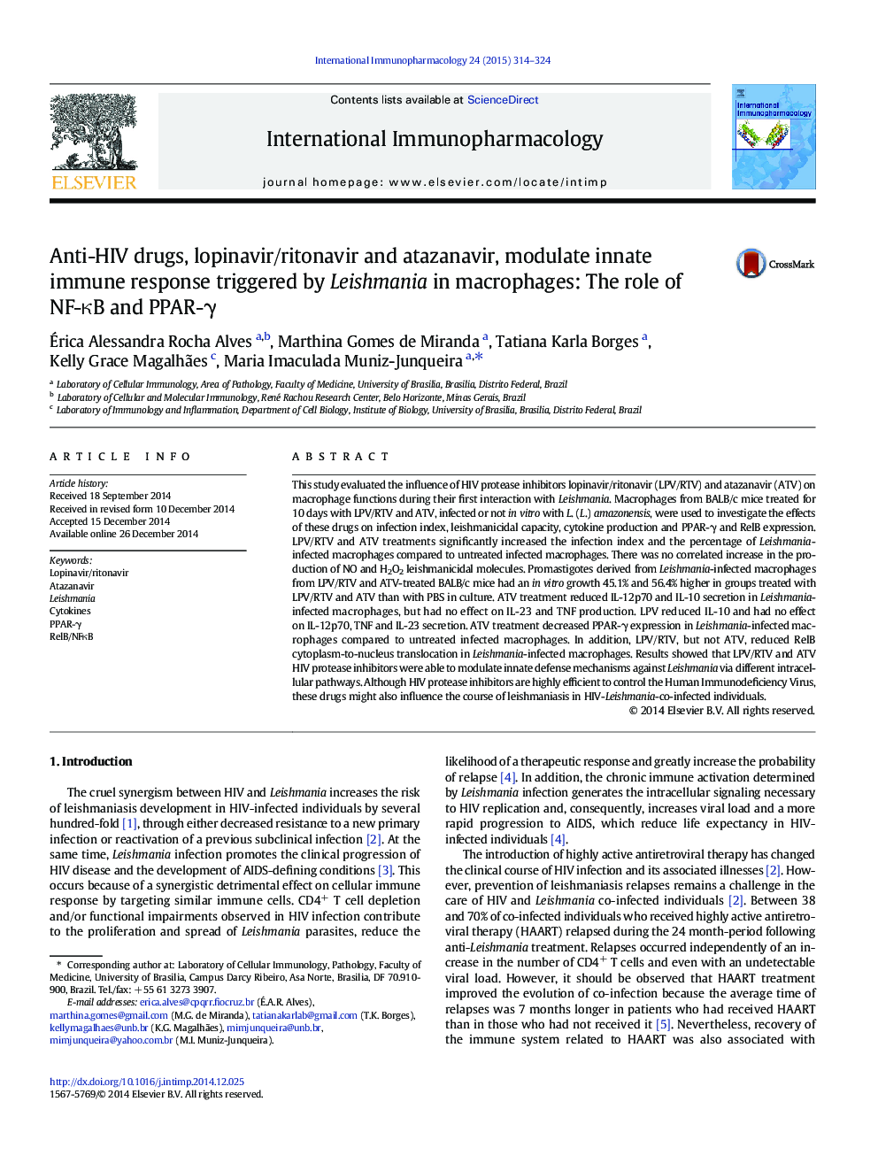 Anti-HIV drugs, lopinavir/ritonavir and atazanavir, modulate innate immune response triggered by Leishmania in macrophages: The role of NF-ÎºB and PPAR-Î³