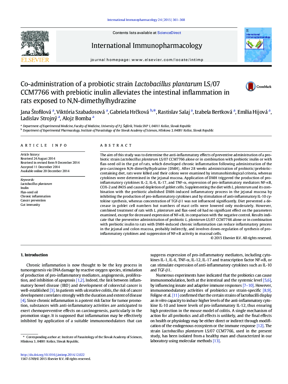 Co-administration of a probiotic strain Lactobacillus plantarum LS/07 CCM7766 with prebiotic inulin alleviates the intestinal inflammation in rats exposed to N,N-dimethylhydrazine