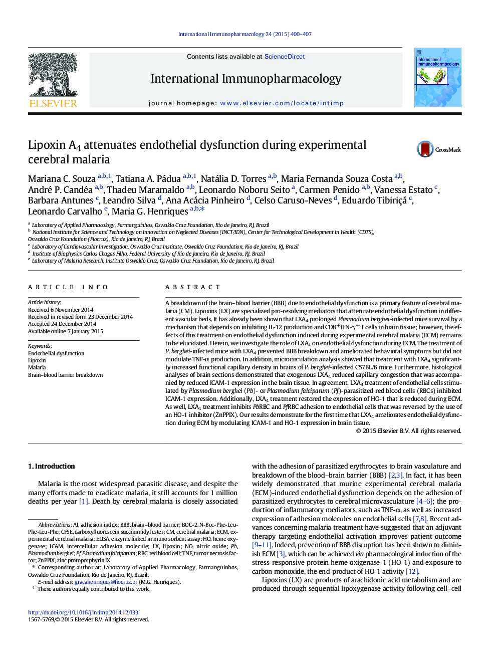 Lipoxin A4 attenuates endothelial dysfunction during experimental cerebral malaria