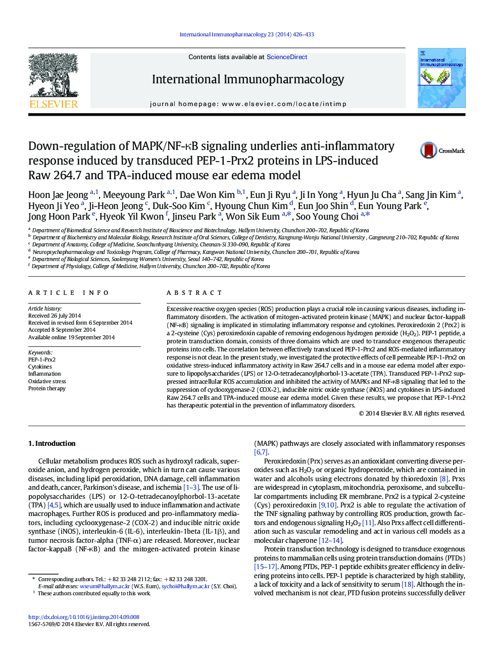 Down-regulation of MAPK/NF-ÎºB signaling underlies anti-inflammatory response induced by transduced PEP-1-Prx2 proteins in LPS-induced Raw 264.7 and TPA-induced mouse ear edema model