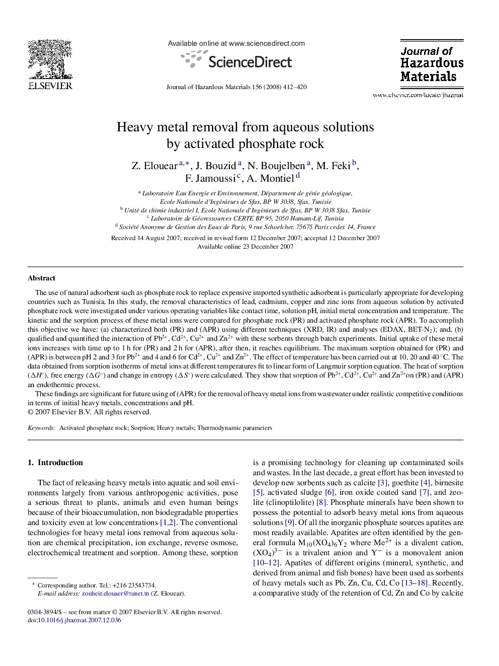 Heavy metal removal from aqueous solutions by activated phosphate rock