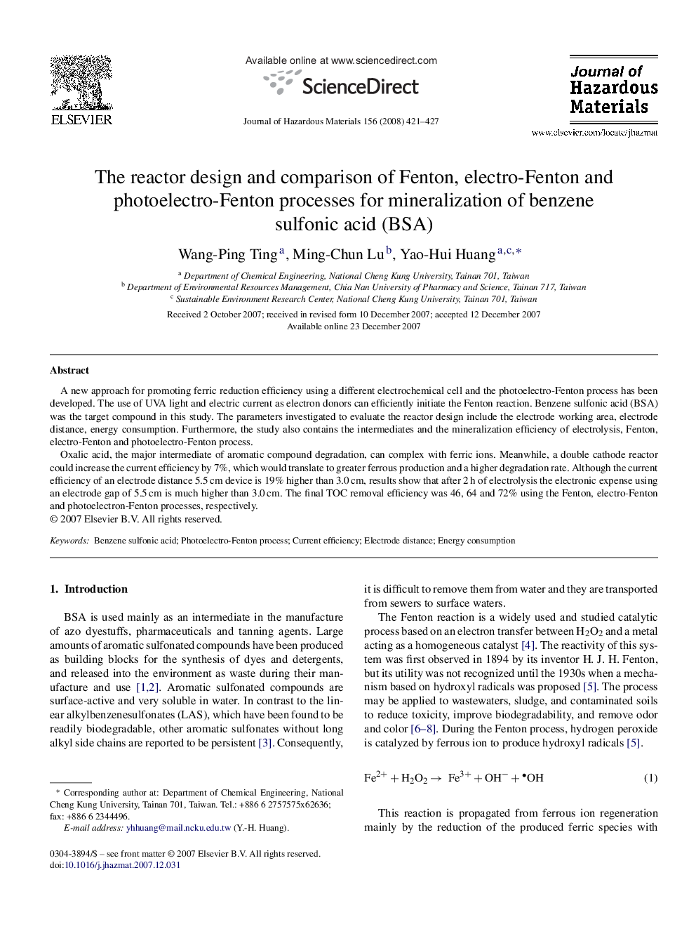 The reactor design and comparison of Fenton, electro-Fenton and photoelectro-Fenton processes for mineralization of benzene sulfonic acid (BSA)