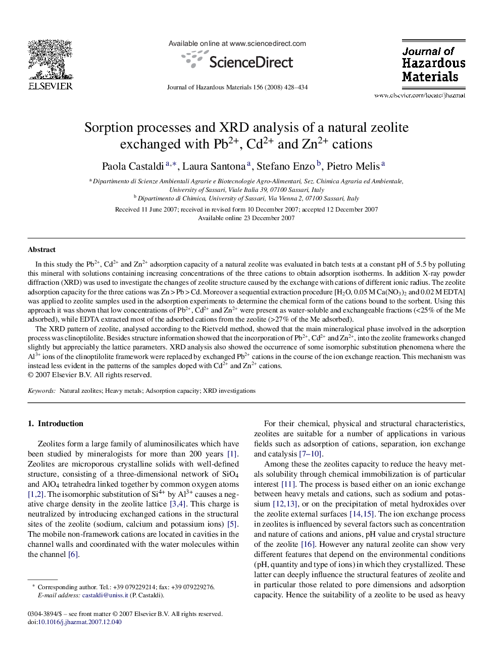 Sorption processes and XRD analysis of a natural zeolite exchanged with Pb2+, Cd2+ and Zn2+ cations