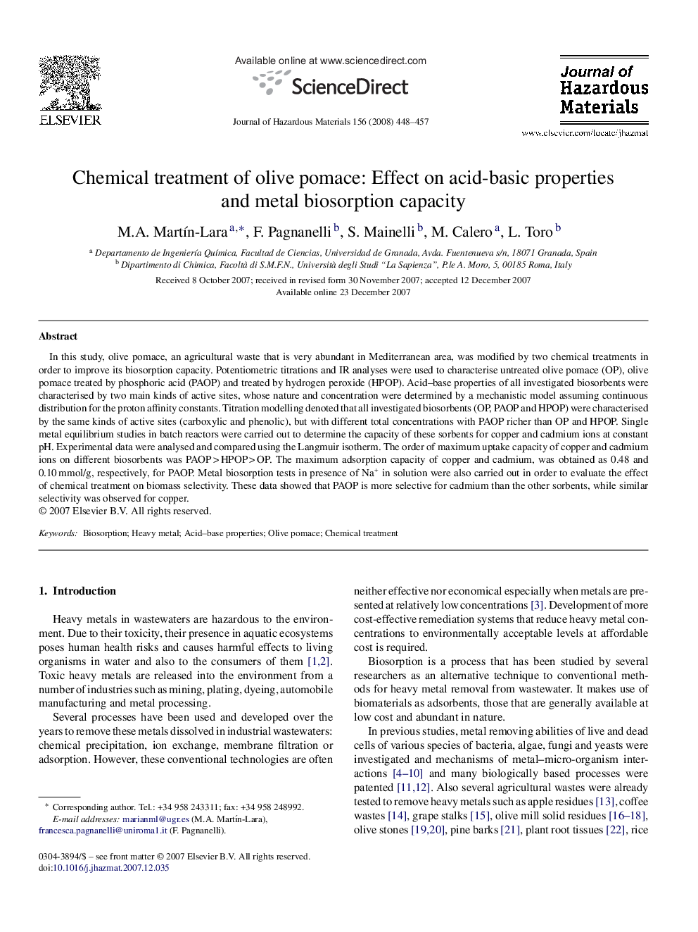 Chemical treatment of olive pomace: Effect on acid-basic properties and metal biosorption capacity