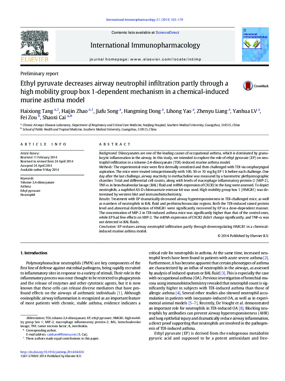 Preliminary reportEthyl pyruvate decreases airway neutrophil infiltration partly through a high mobility group box 1-dependent mechanism in a chemical-induced murine asthma model