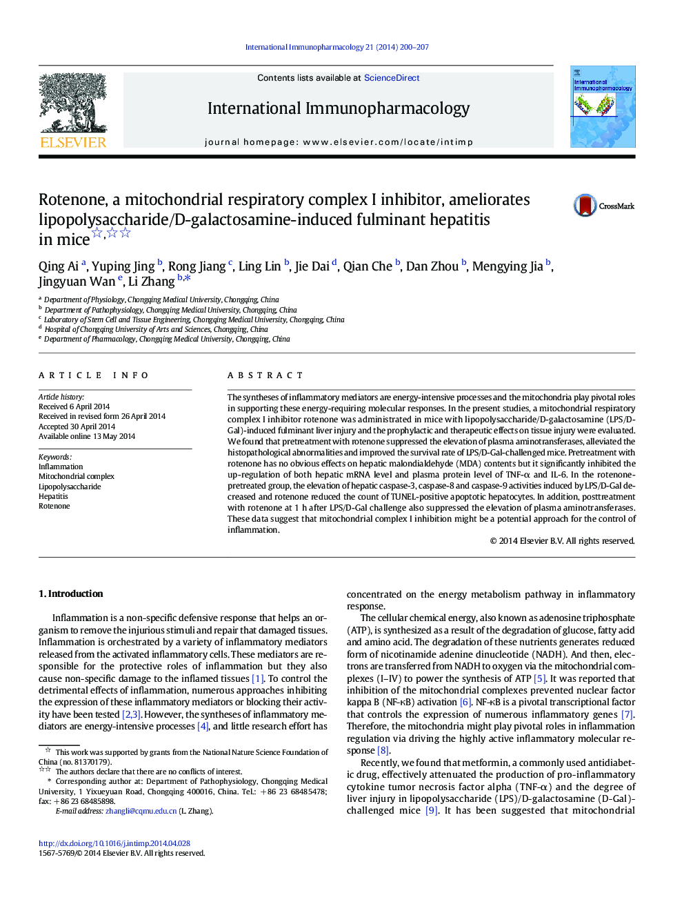 Rotenone, a mitochondrial respiratory complex I inhibitor, ameliorates lipopolysaccharide/D-galactosamine-induced fulminant hepatitis in mice