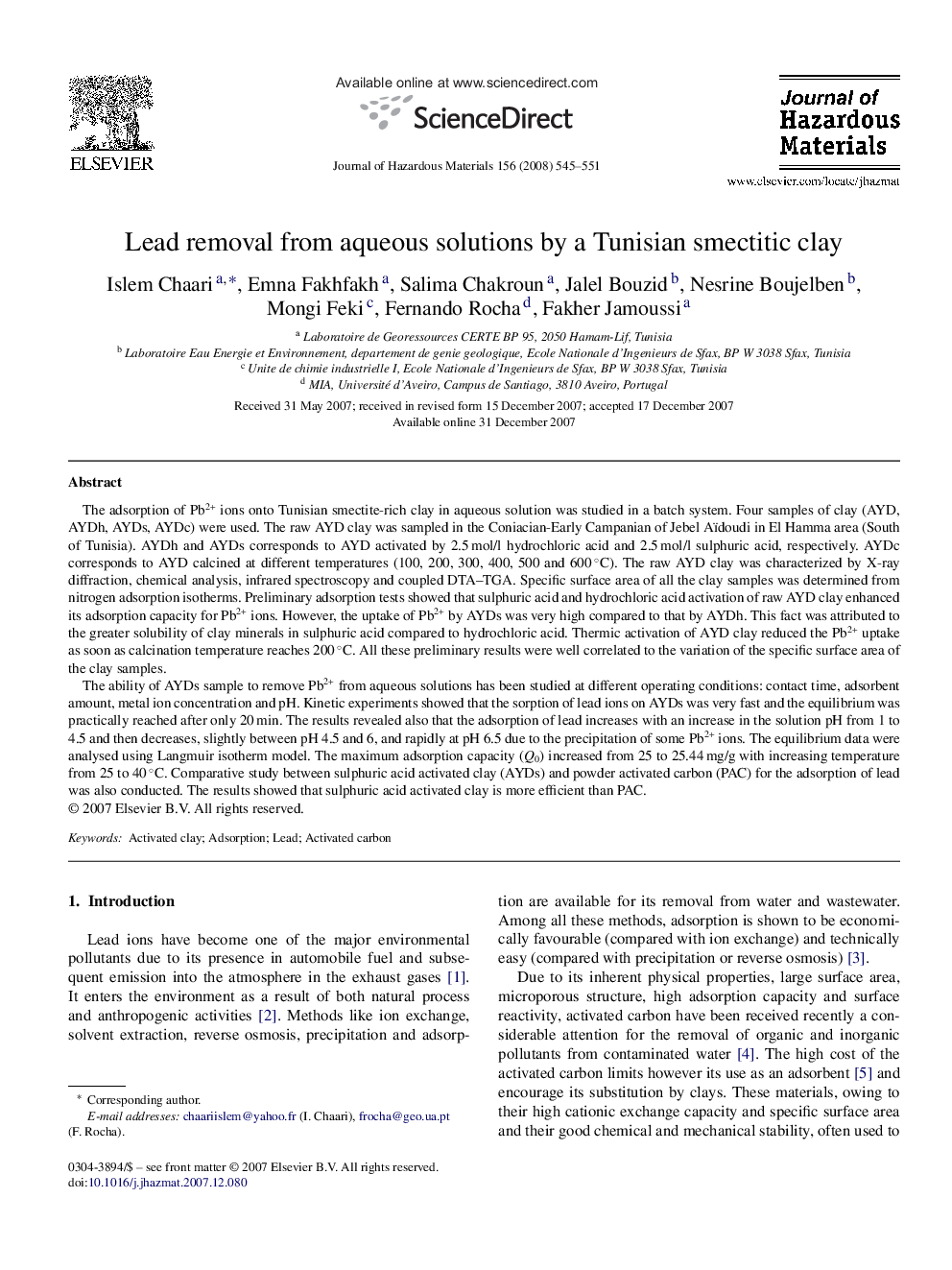 Lead removal from aqueous solutions by a Tunisian smectitic clay