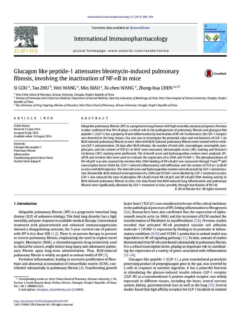 Glucagon like peptide-1 attenuates bleomycin-induced pulmonary fibrosis, involving the inactivation of NF-ÎºB in mice