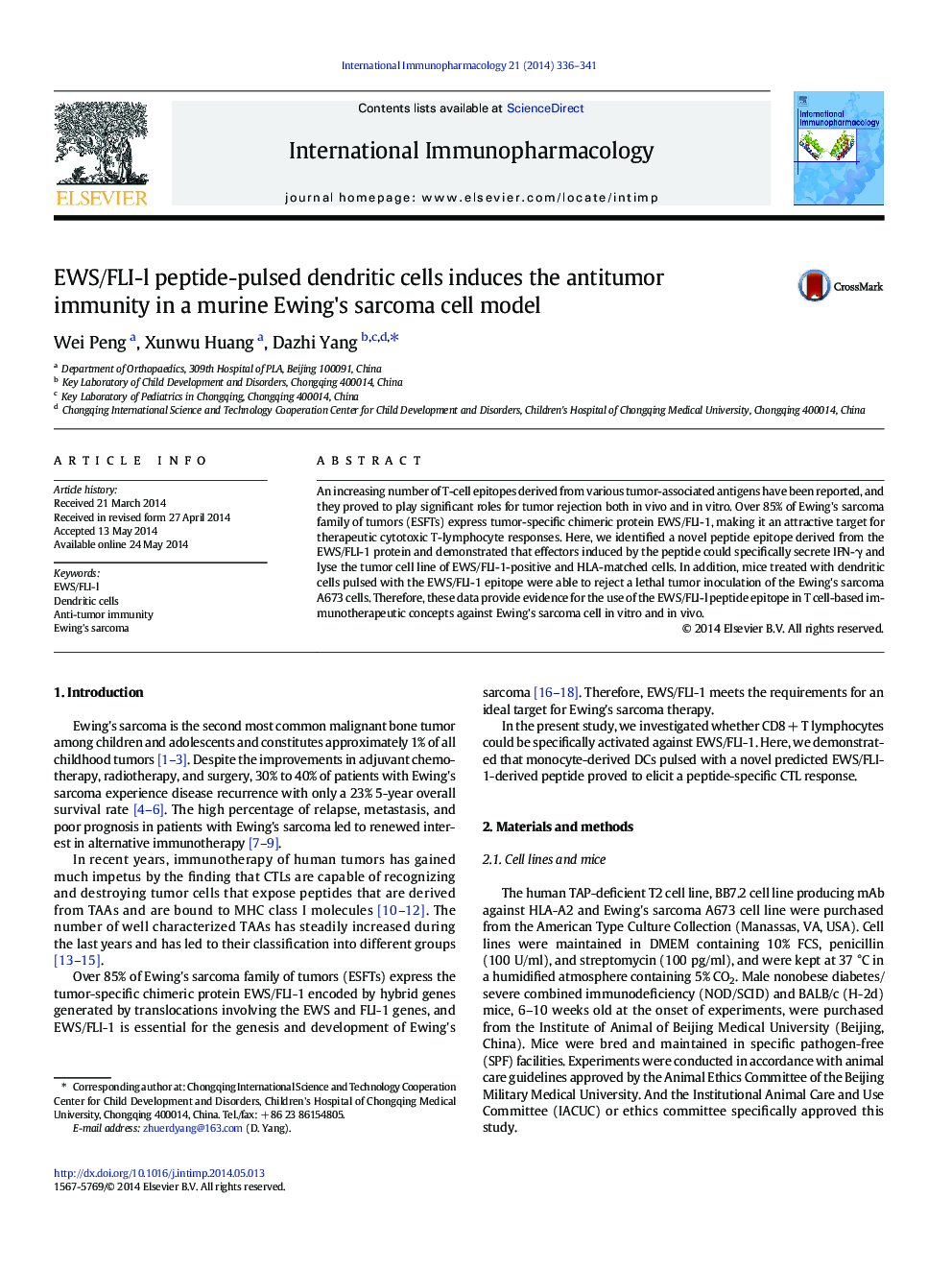 EWS/FLI-l peptide-pulsed dendritic cells induces the antitumor immunity in a murine Ewing's sarcoma cell model