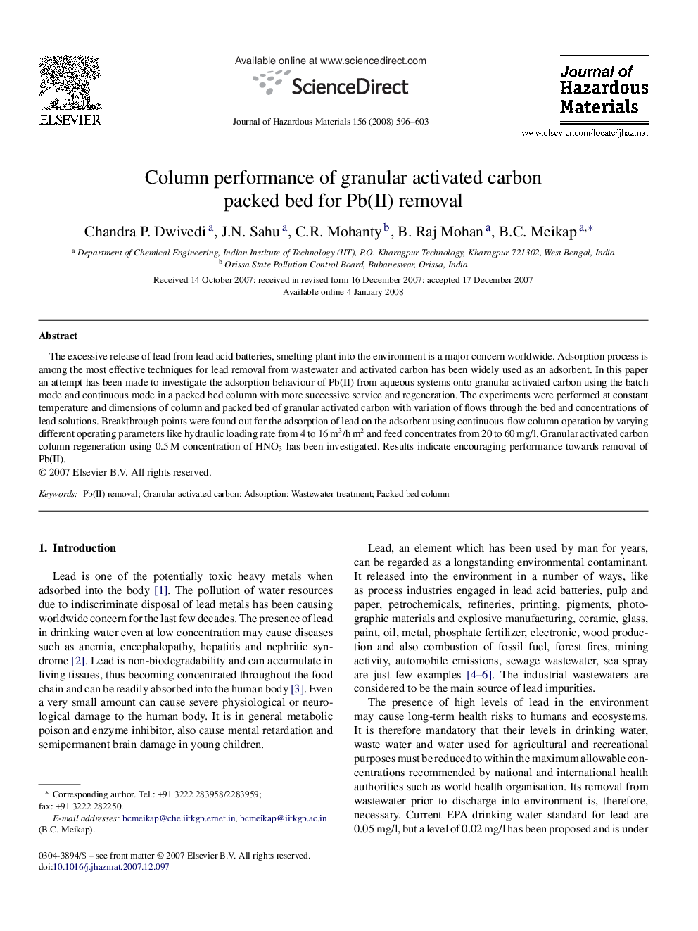 Column performance of granular activated carbon packed bed for Pb(II) removal