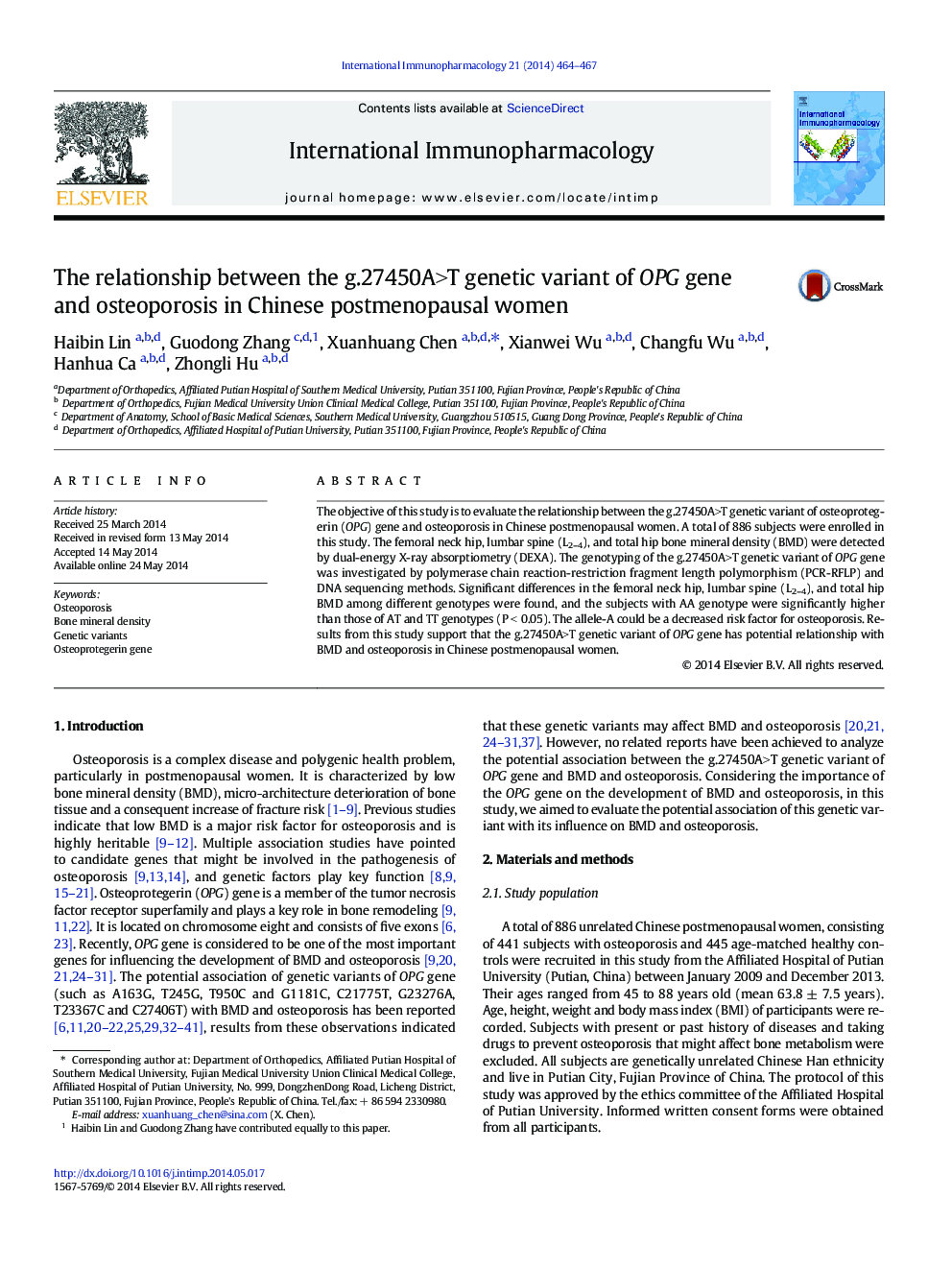 The relationship between the g.27450A>T genetic variant of OPG gene and osteoporosis in Chinese postmenopausal women