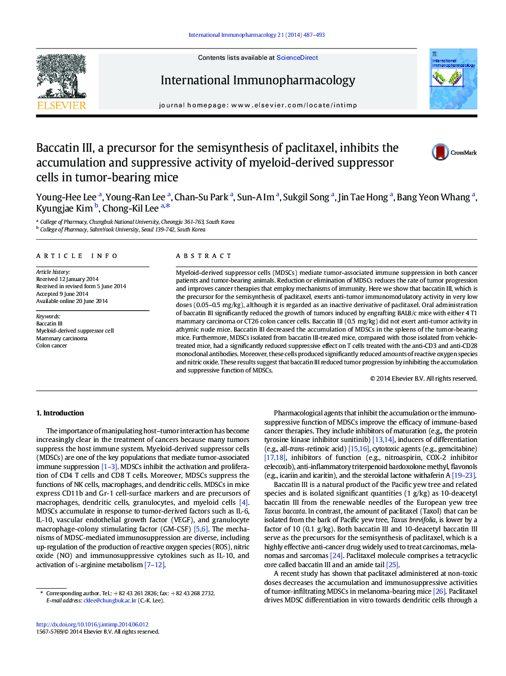 Baccatin III, a precursor for the semisynthesis of paclitaxel, inhibits the accumulation and suppressive activity of myeloid-derived suppressor cells in tumor-bearing mice