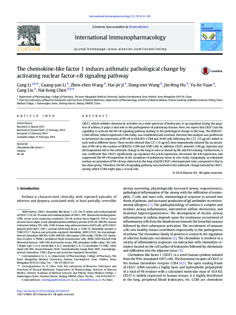 The chemokine-like factor 1 induces asthmatic pathological change by activating nuclear factor-ÎºB signaling pathway