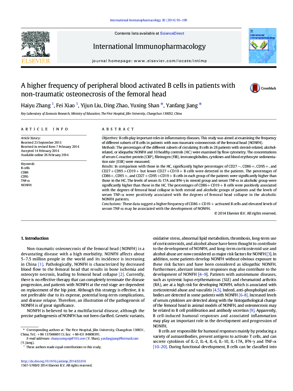 A higher frequency of peripheral blood activated B cells in patients with non-traumatic osteonecrosis of the femoral head