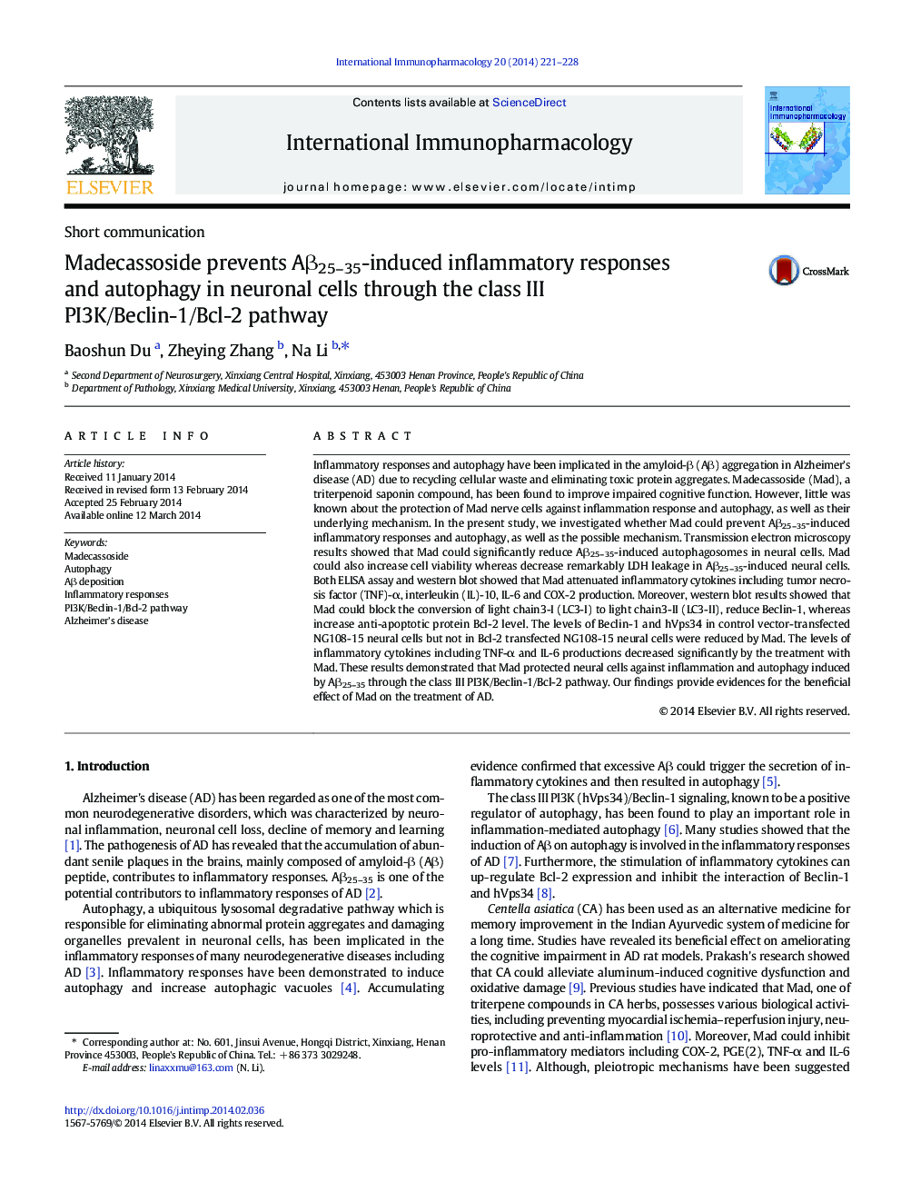 Short communicationMadecassoside prevents AÎ²25-35-induced inflammatory responses and autophagy in neuronal cells through the class III PI3K/Beclin-1/Bcl-2 pathway