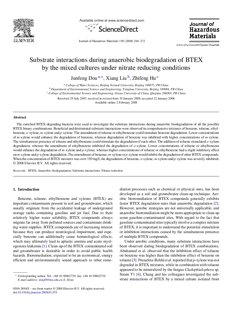 Substrate interactions during anaerobic biodegradation of BTEX by the mixed cultures under nitrate reducing conditions