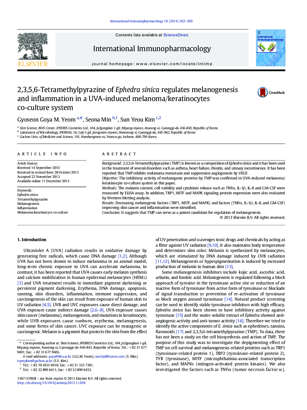 2,3,5,6-Tetramethylpyrazine of Ephedra sinica regulates melanogenesis and inflammation in a UVA-induced melanoma/keratinocytes co-culture system