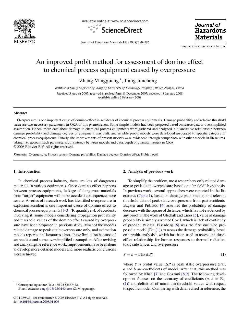 An improved probit method for assessment of domino effect to chemical process equipment caused by overpressure