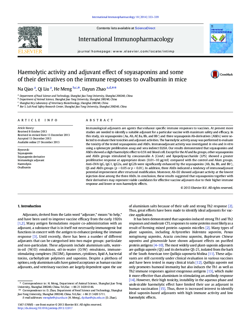 Haemolytic activity and adjuvant effect of soyasaponins and some of their derivatives on the immune responses to ovalbumin in mice
