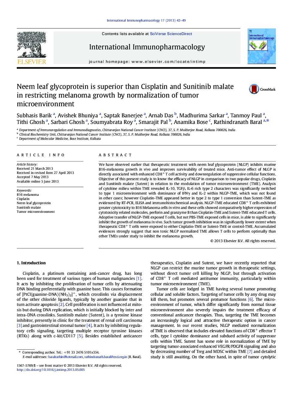 Neem leaf glycoprotein is superior than Cisplatin and Sunitinib malate in restricting melanoma growth by normalization of tumor microenvironment