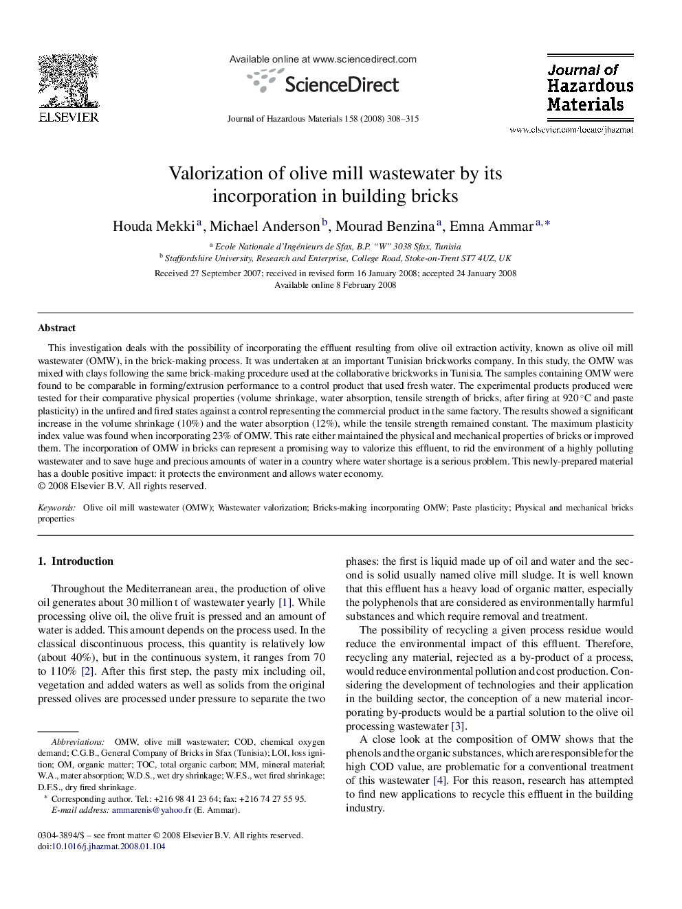 Valorization of olive mill wastewater by its incorporation in building bricks