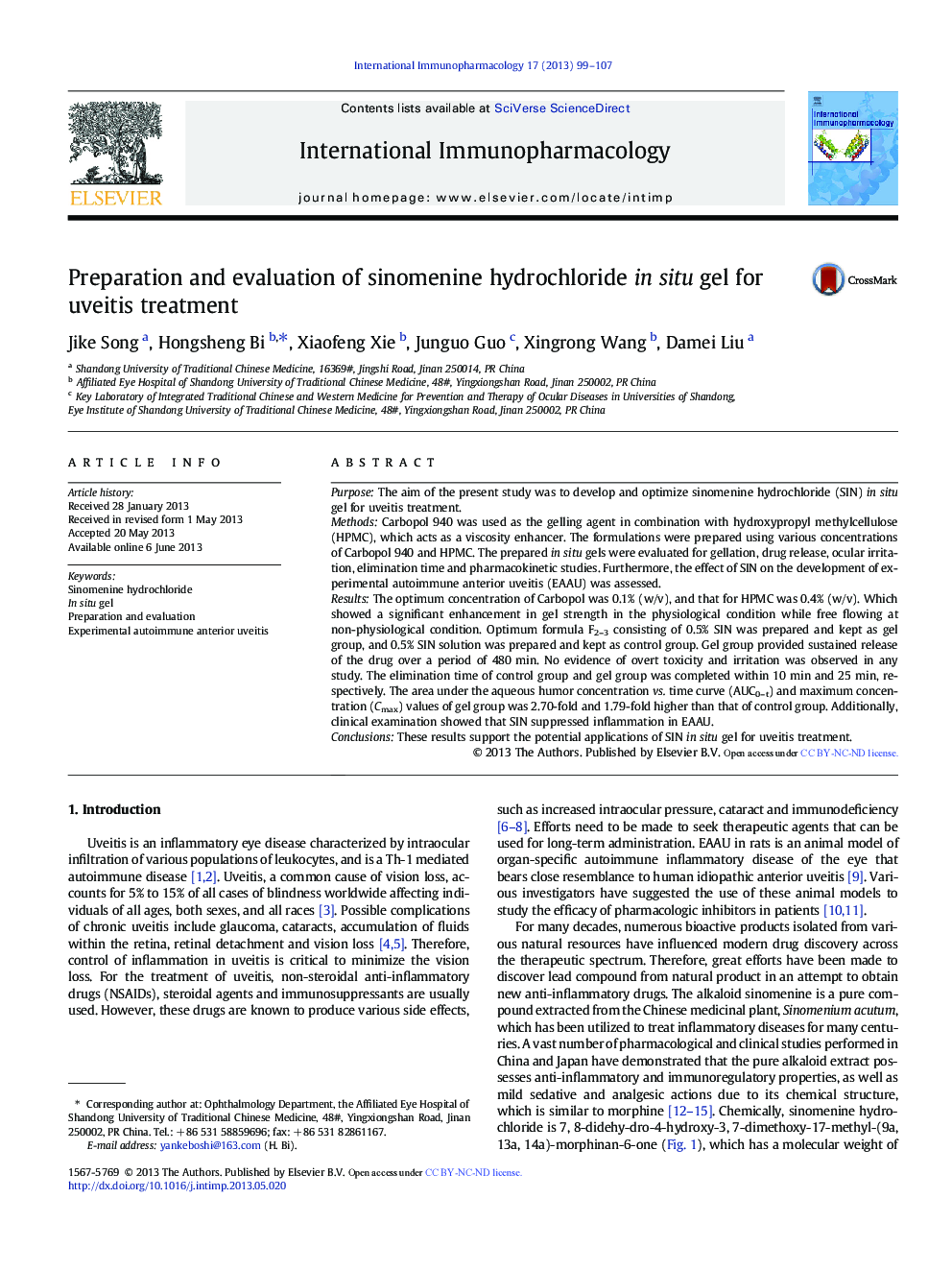 Preparation and evaluation of sinomenine hydrochloride in situ gel for uveitis treatment