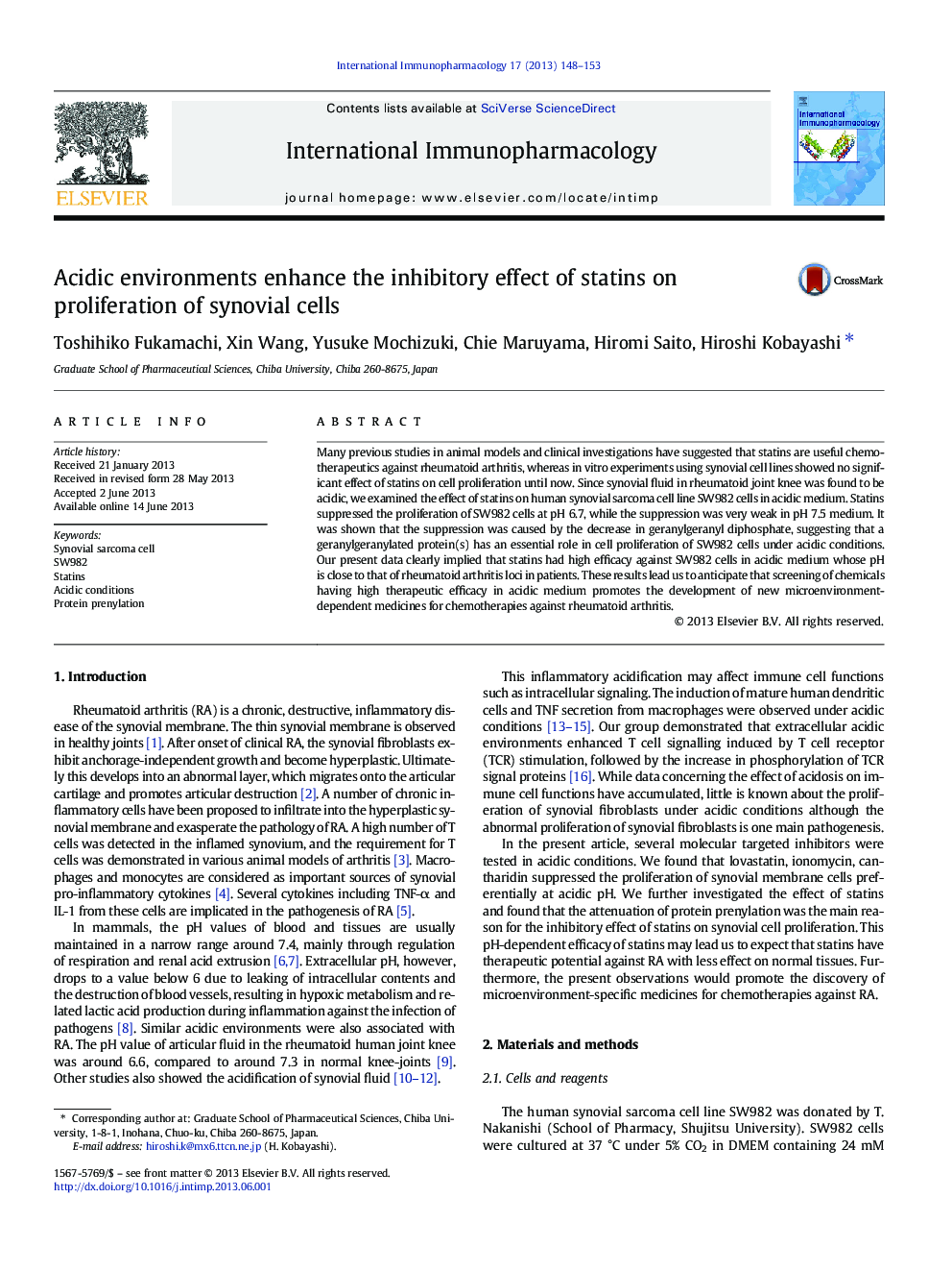 Acidic environments enhance the inhibitory effect of statins on proliferation of synovial cells