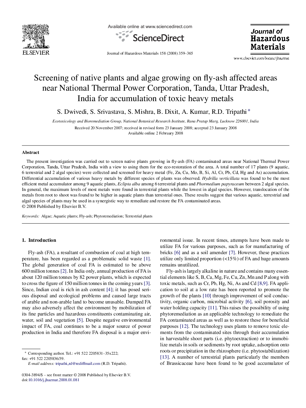 Screening of native plants and algae growing on fly-ash affected areas near National Thermal Power Corporation, Tanda, Uttar Pradesh, India for accumulation of toxic heavy metals