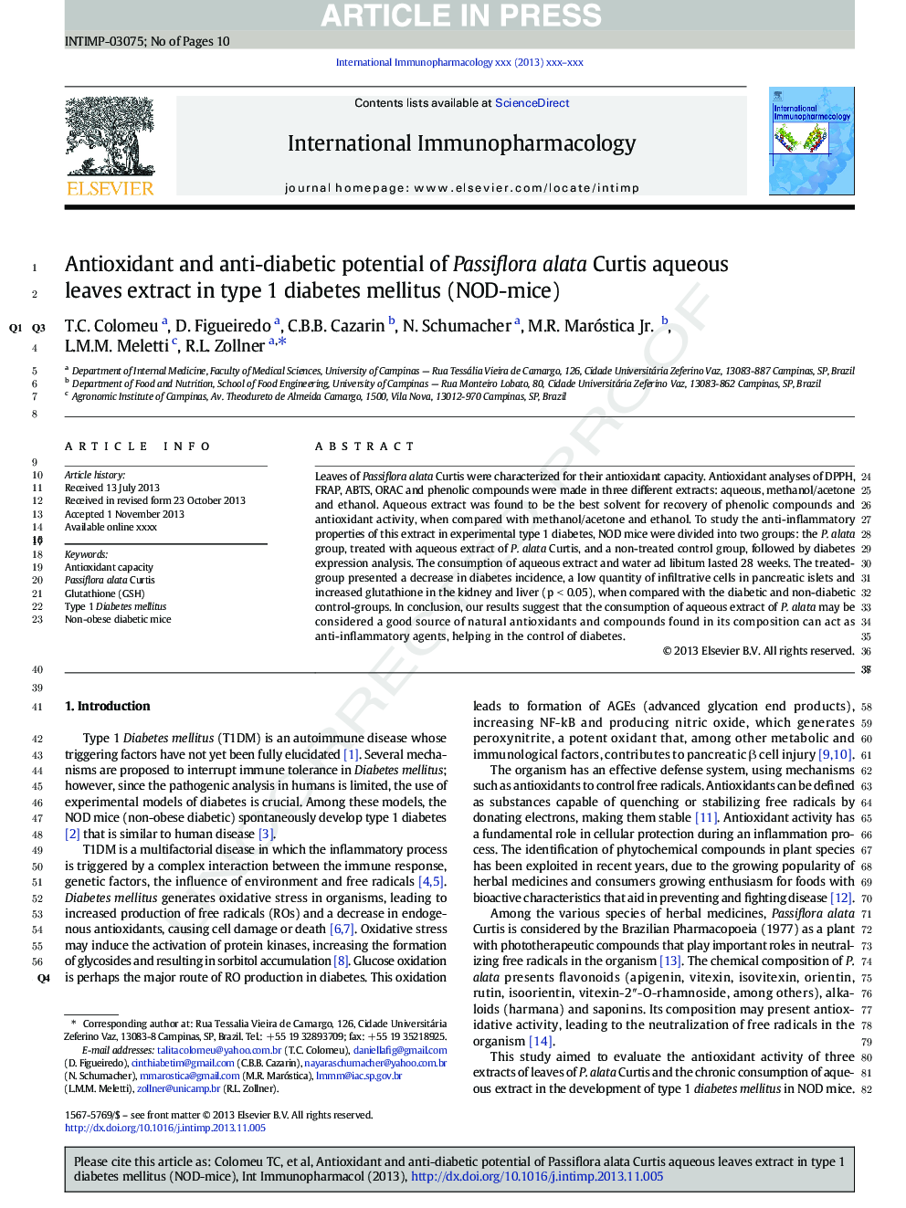 Antioxidant and anti-diabetic potential of Passiflora alata Curtis aqueous leaves extract in type 1 diabetes mellitus (NOD-mice)