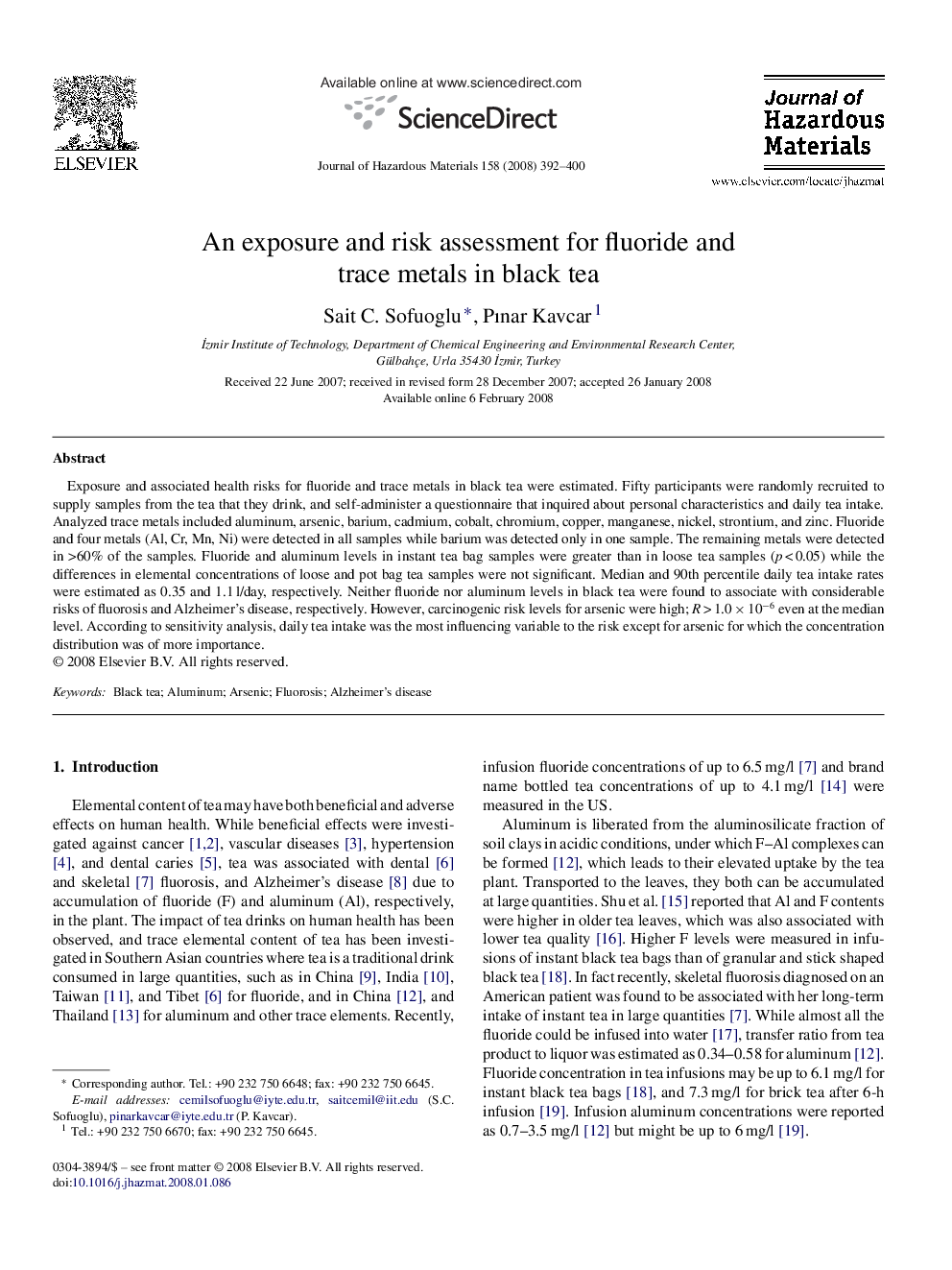 An exposure and risk assessment for fluoride and trace metals in black tea