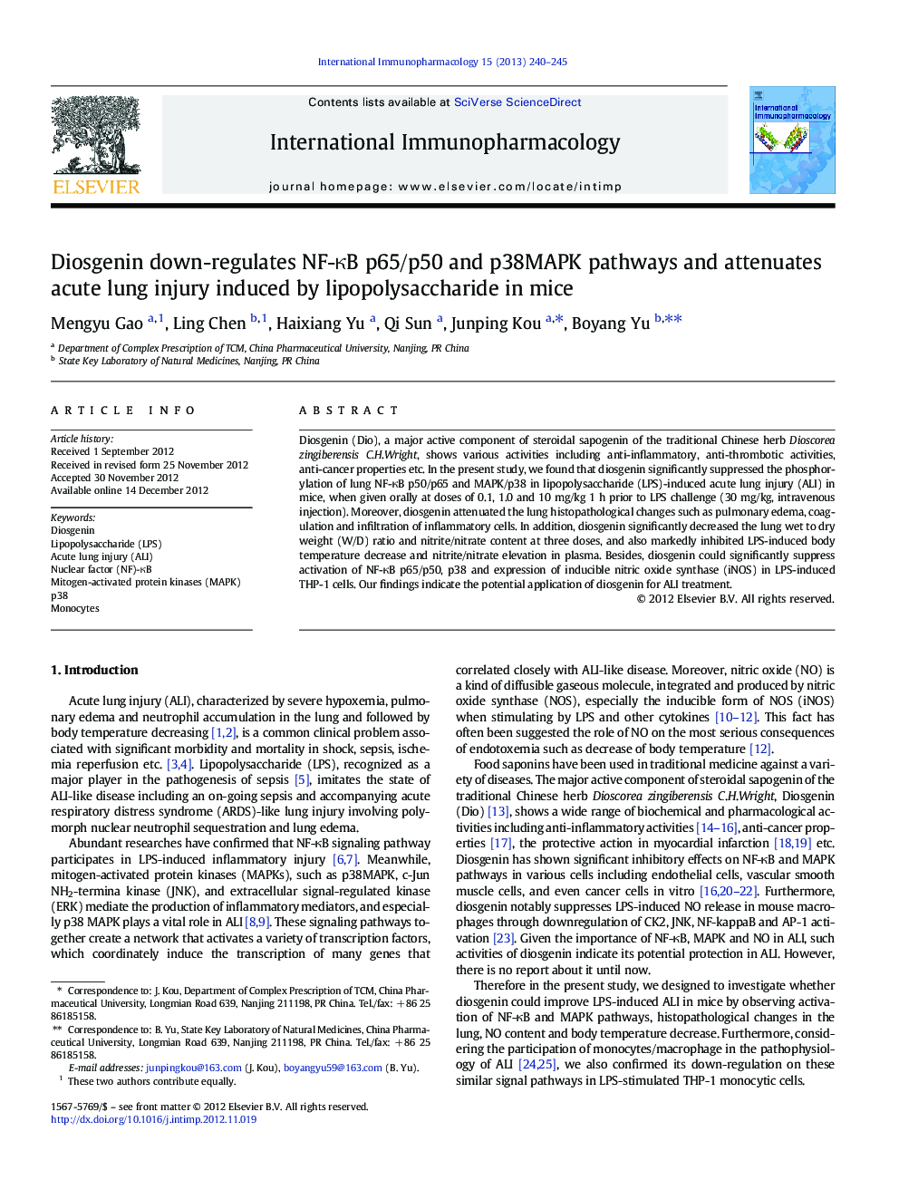 Diosgenin down-regulates NF-ÎºB p65/p50 and p38MAPK pathways and attenuates acute lung injury induced by lipopolysaccharide in mice