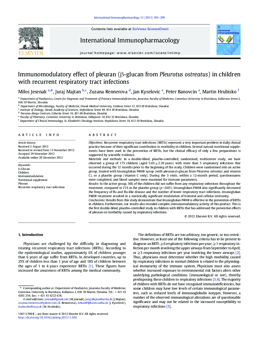 Immunomodulatory effect of pleuran (Î²-glucan from Pleurotus ostreatus) in children with recurrent respiratory tract infections