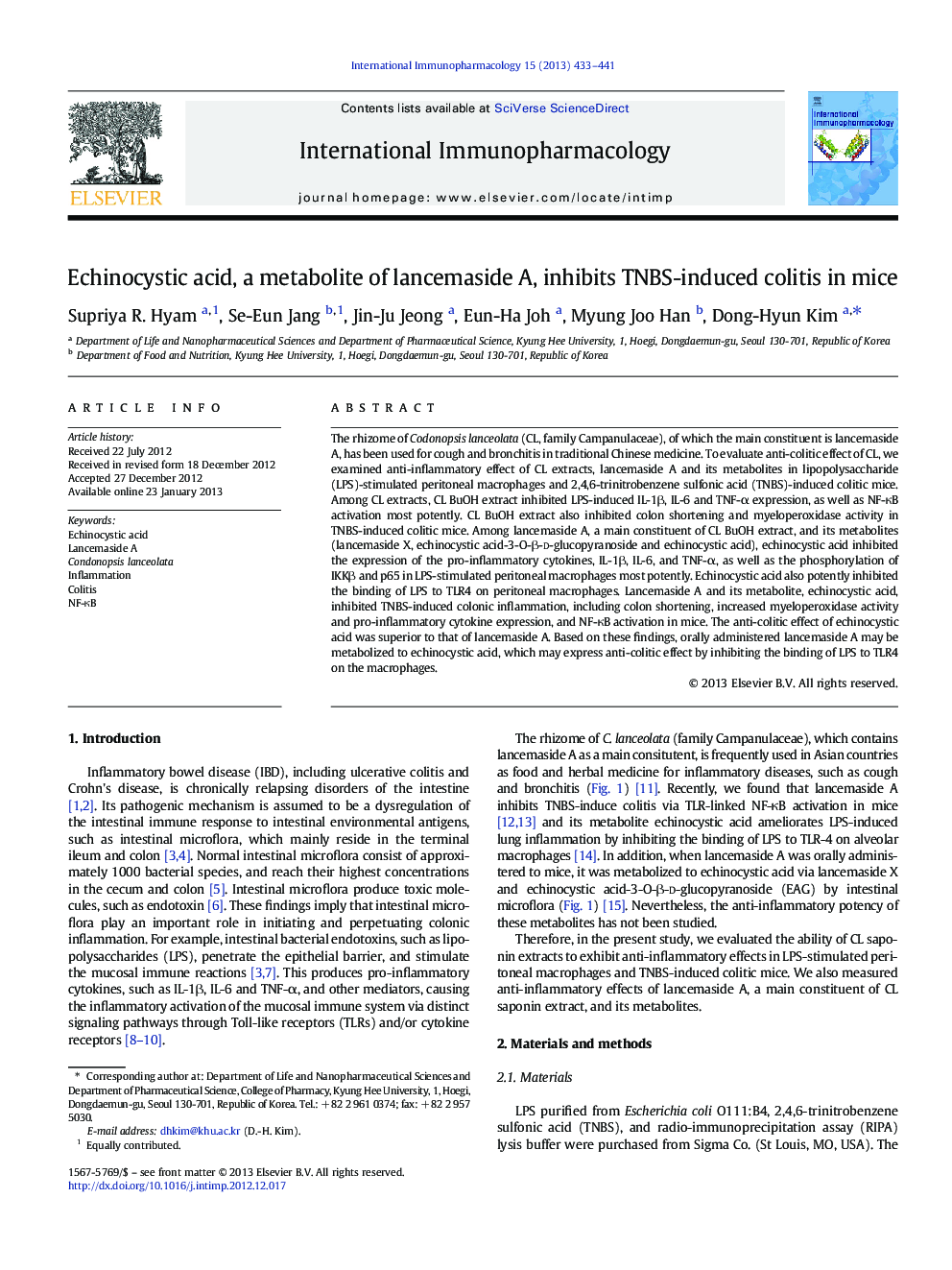 Echinocystic acid, a metabolite of lancemaside A, inhibits TNBS-induced colitis in mice