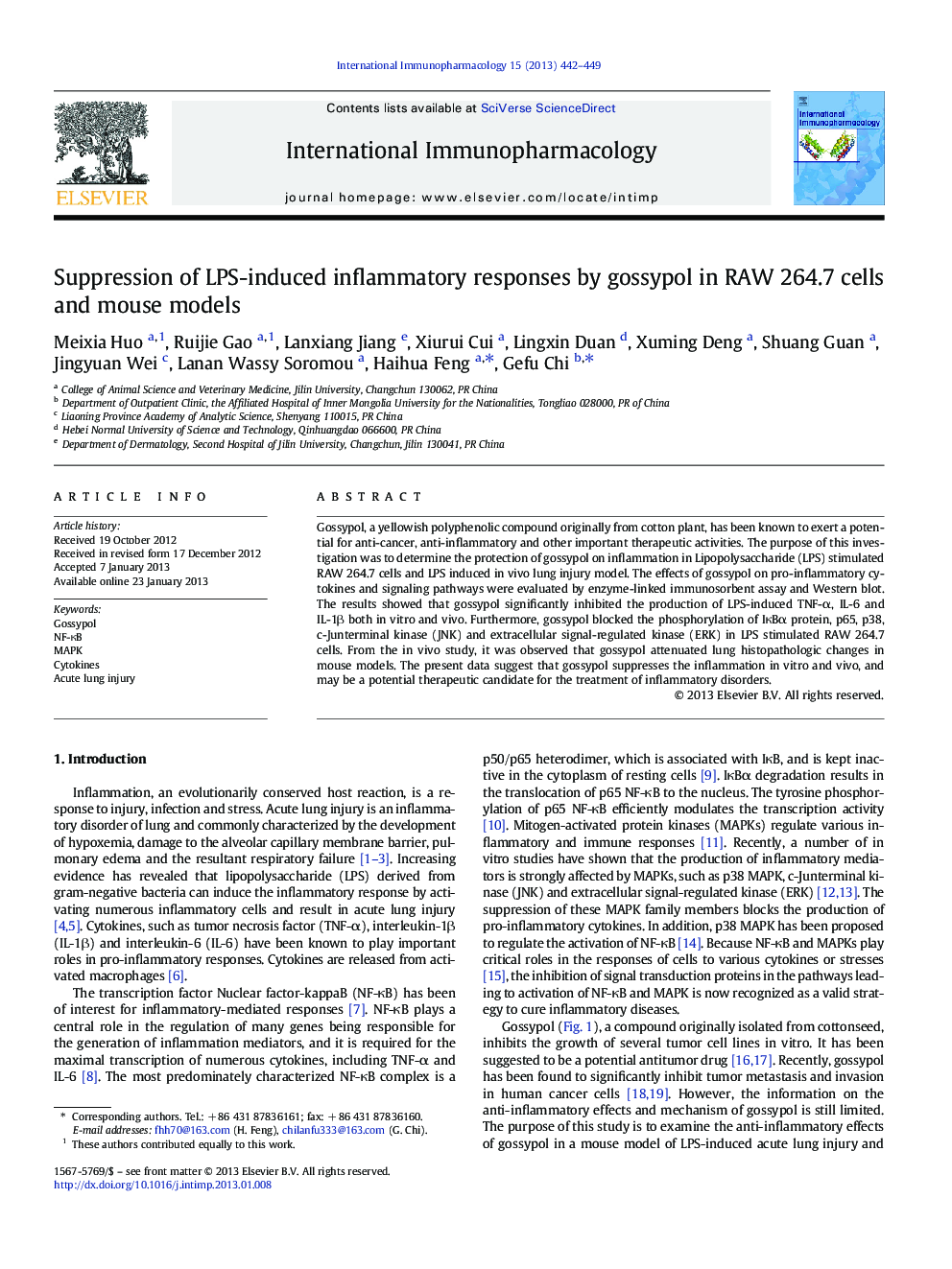 Suppression of LPS-induced inflammatory responses by gossypol in RAW 264.7 cells and mouse models