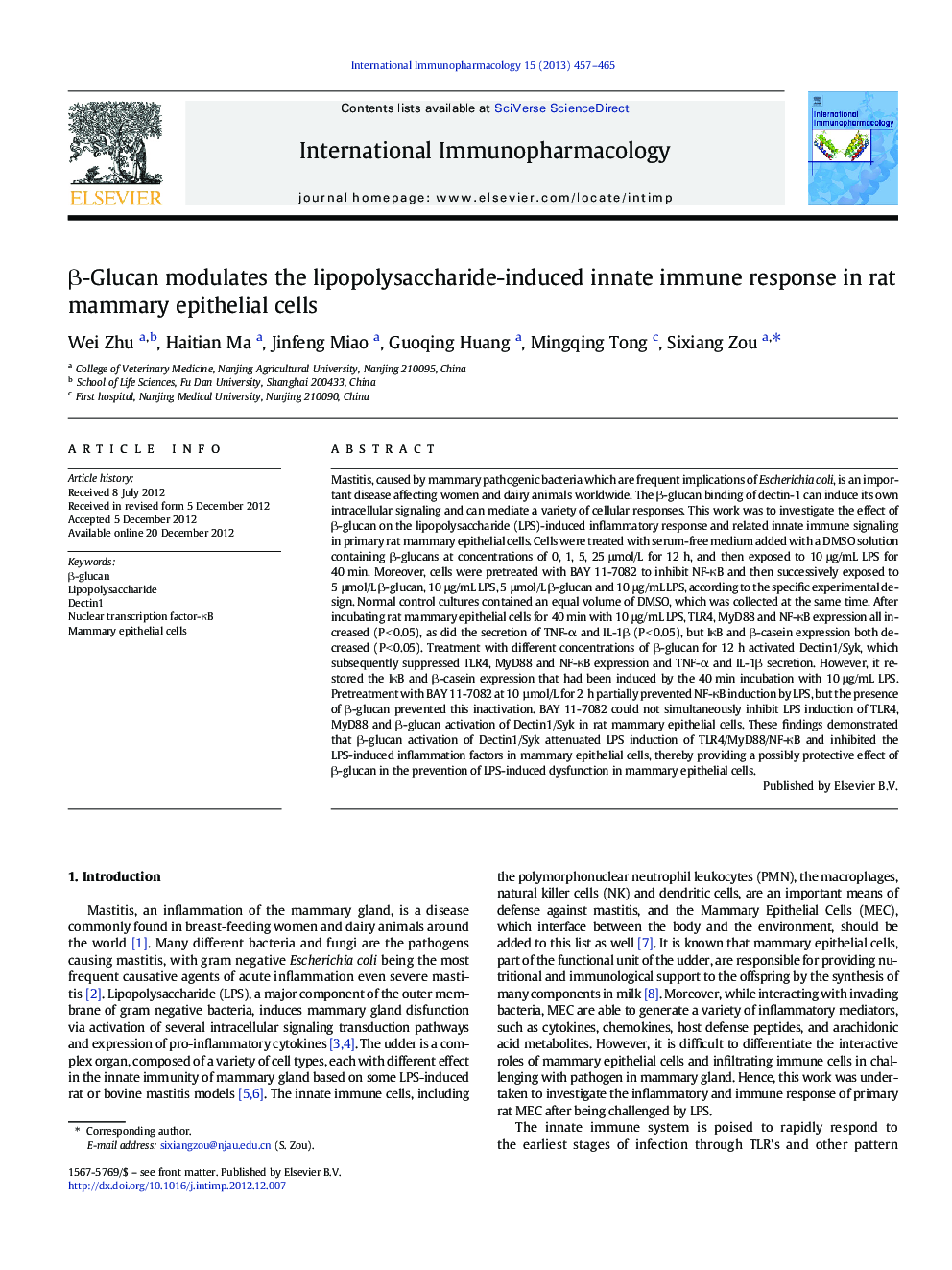 Î²-Glucan modulates the lipopolysaccharide-induced innate immune response in rat mammary epithelial cells