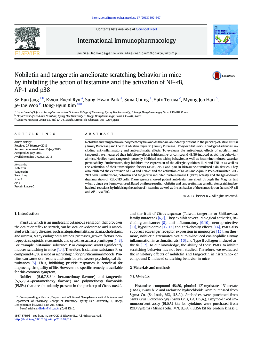 Nobiletin and tangeretin ameliorate scratching behavior in mice by inhibiting the action of histamine and the activation of NF-ÎºB, AP-1 and p38