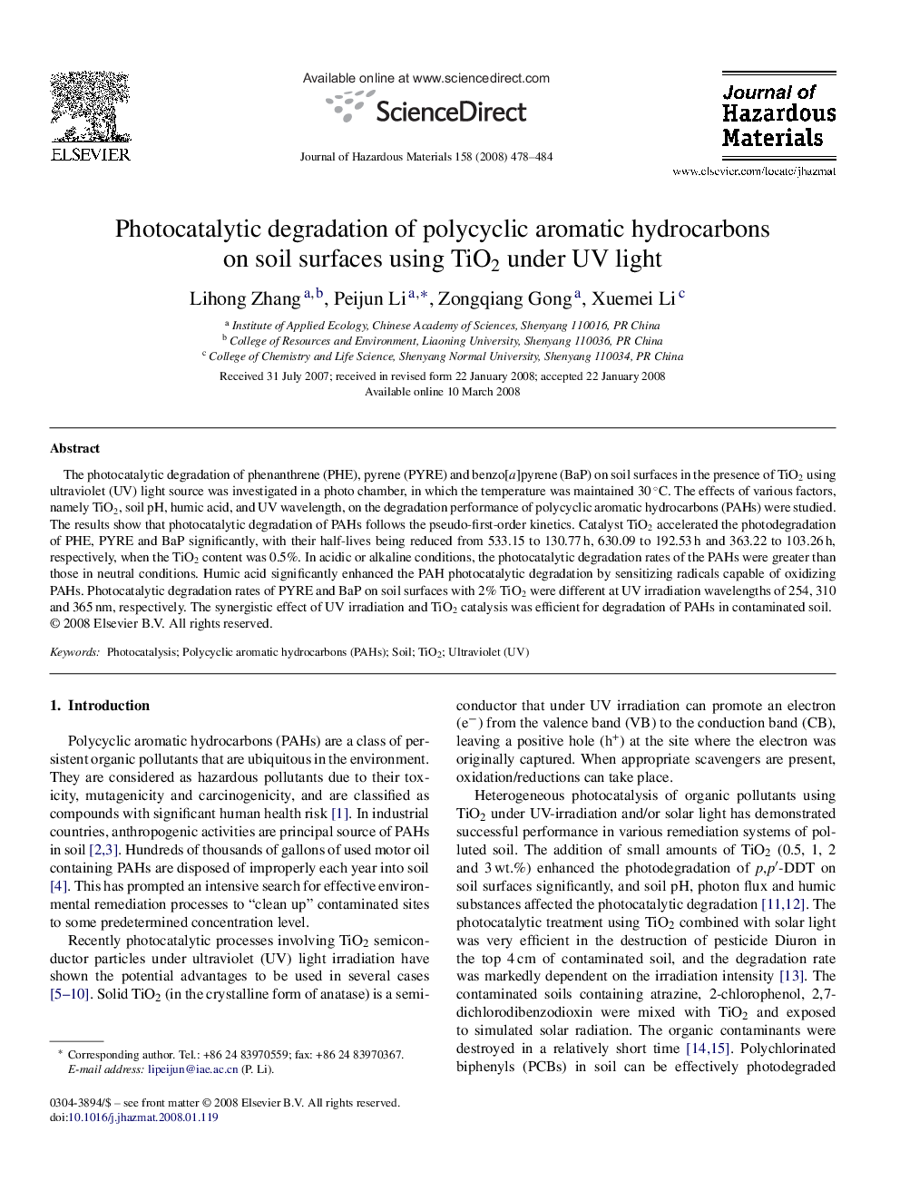 Photocatalytic degradation of polycyclic aromatic hydrocarbons on soil surfaces using TiO2 under UV light