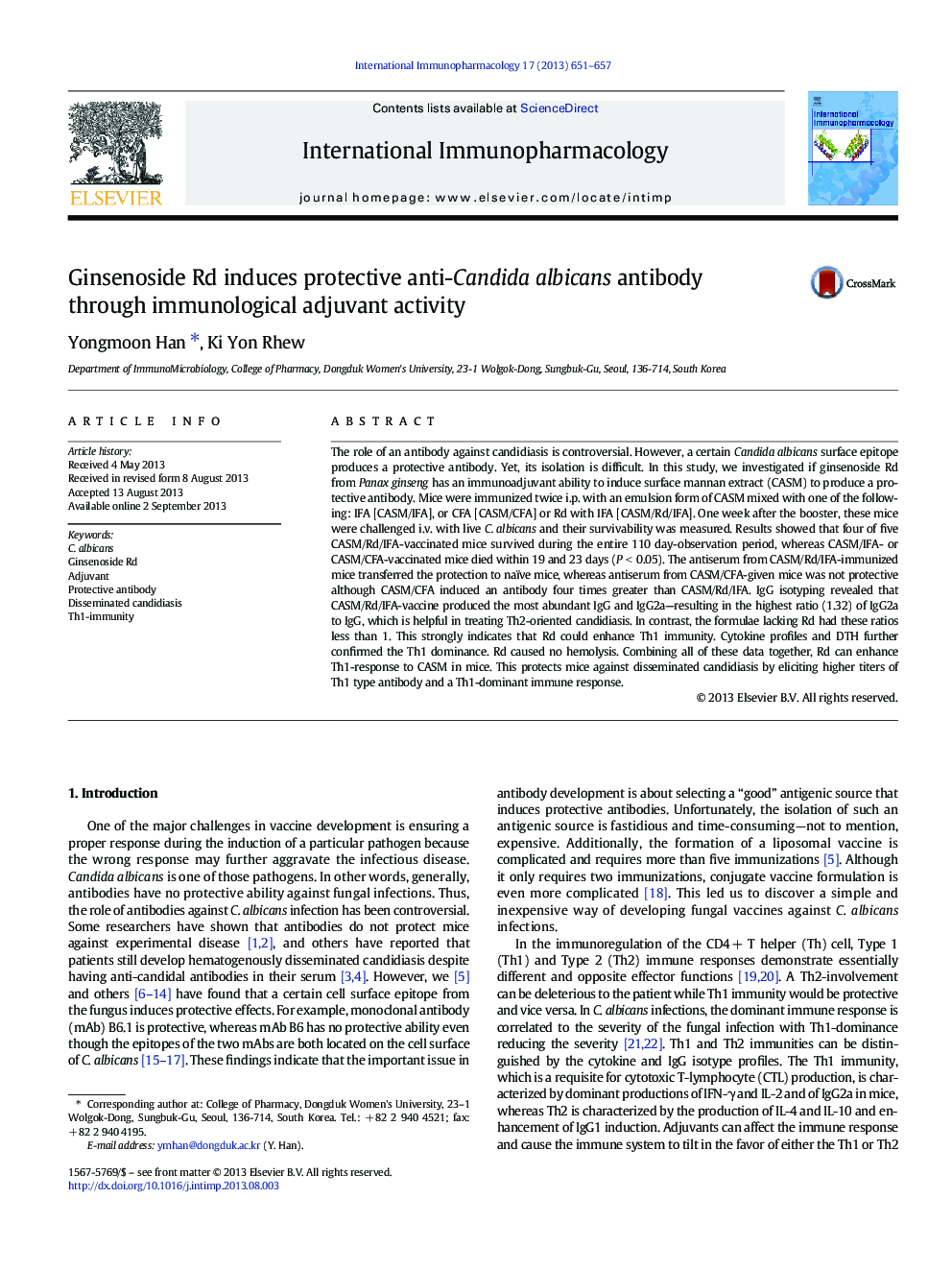 Ginsenoside Rd induces protective anti-Candida albicans antibody through immunological adjuvant activity