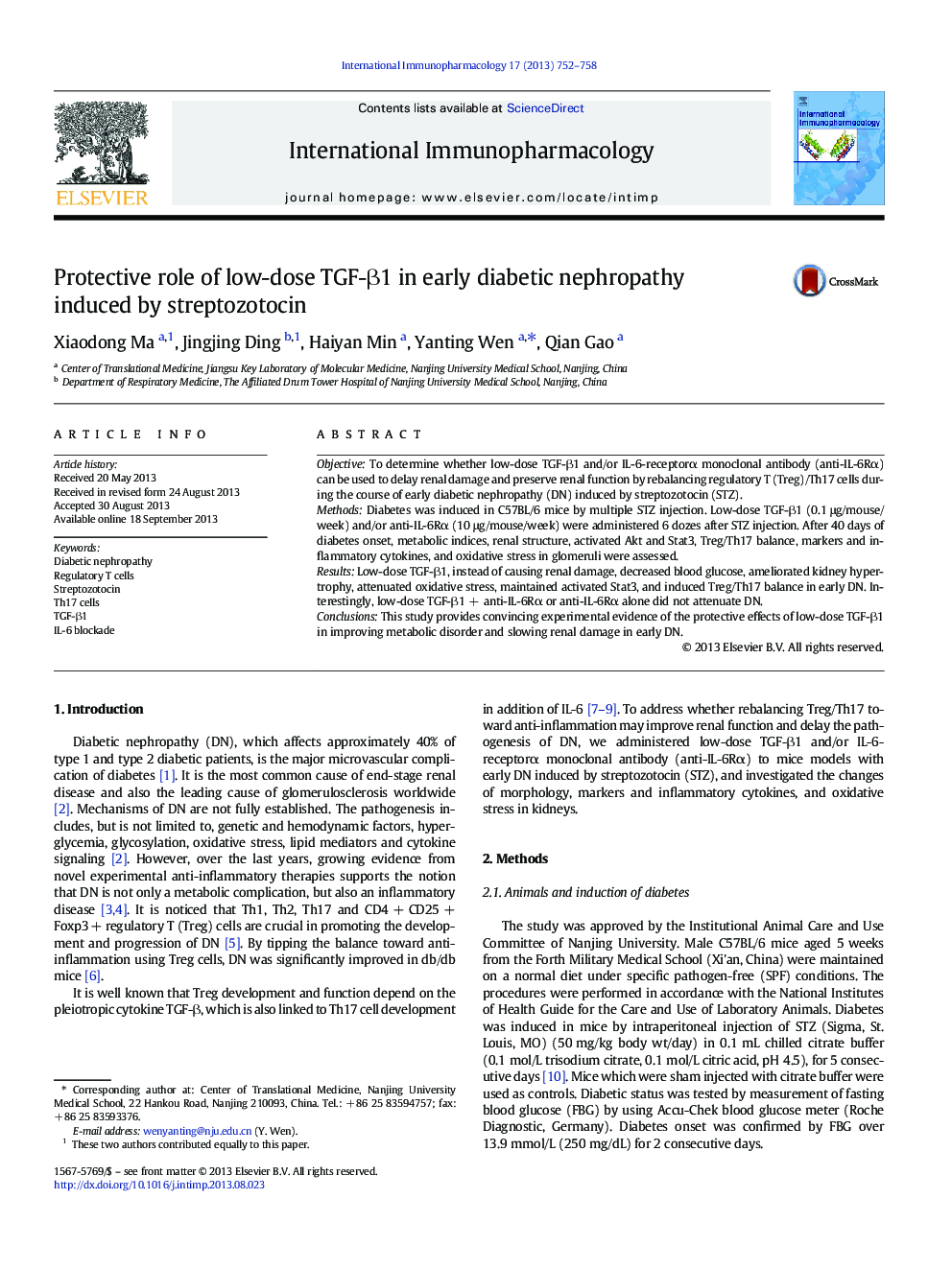 Protective role of low-dose TGF-Î²1 in early diabetic nephropathy induced by streptozotocin