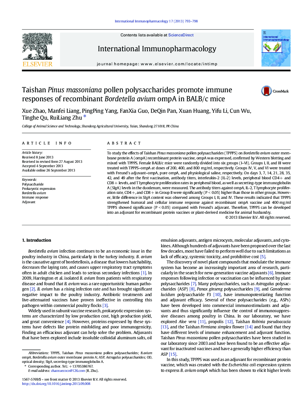 Taishan Pinus massoniana pollen polysaccharides promote immune responses of recombinant Bordetella avium ompA in BALB/c mice
