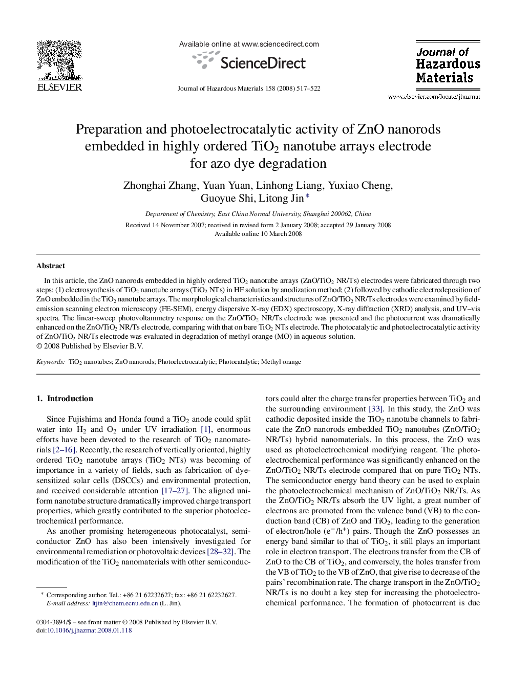 Preparation and photoelectrocatalytic activity of ZnO nanorods embedded in highly ordered TiO2 nanotube arrays electrode for azo dye degradation