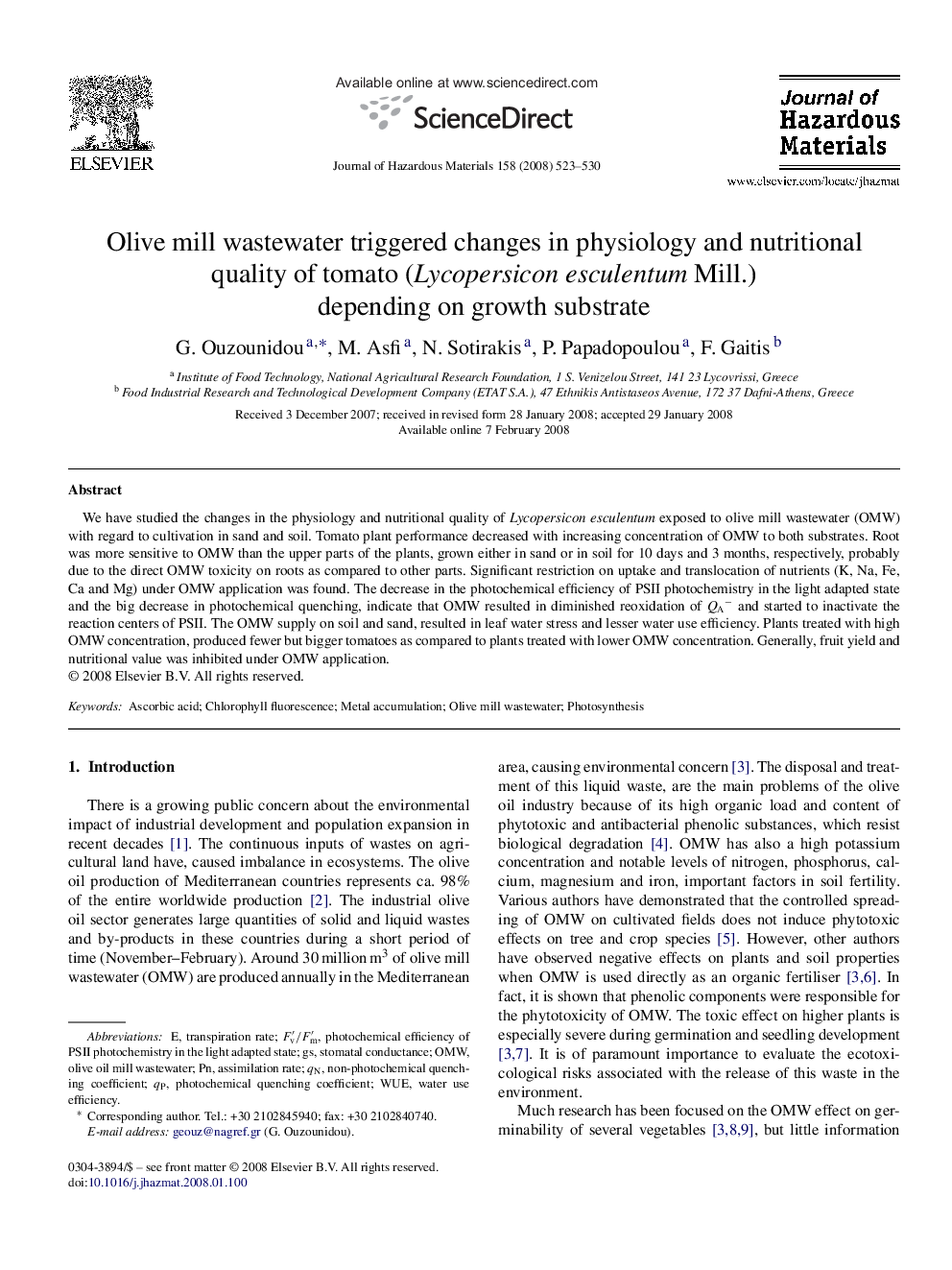 Olive mill wastewater triggered changes in physiology and nutritional quality of tomato (Lycopersicon esculentum Mill.) depending on growth substrate