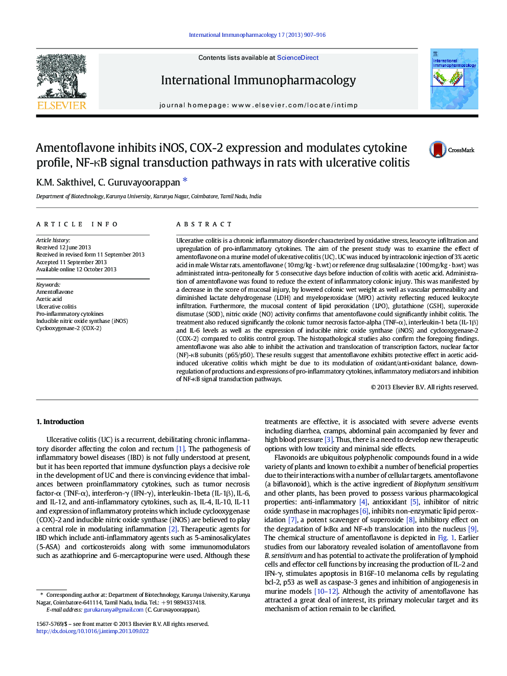 Amentoflavone inhibits iNOS, COX-2 expression and modulates cytokine profile, NF-ÎºB signal transduction pathways in rats with ulcerative colitis